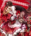  1girl animal_ears basket big_bad_wolf_(grimm) black_hair blonde_hair blue_eyes grimm's_fairy_tales hands_on_another's_face hood little_red_riding_hood little_red_riding_hood_(grimm) original red_eyes short_hair tail yuzuki_karu 