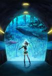  animal aquarium_tunnel black_hair fish fishing_rod fluorescent_lamp from_behind holding holding_fishing_rod looking_back original oropi ponytail shorts solo thighhighs tree tunnel visor_cap watch whale wristwatch 