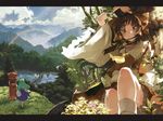  album_cover arm_up ascot blurry blush bow brown_eyes brown_hair cloud cosmic_(crownclowncosmic) cover cover_page depth_of_field detached_sleeves fingernails flower frills gohei grass green_hair hair_bow hair_tubes hakurei_reimu japanese_cylindrical_postbox japanese_postal_mark kochiya_sanae lake leaning leaning_back letterboxed long_hair looking_at_viewer multiple_girls postbox_(outgoing_mail) rain rainbow scenery sitting skirt sky smile standing touhou tree wide_sleeves wind 