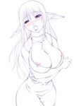  blush breasts elf large_breasts mashue monochrome pointy_ears solo 