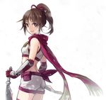  bad_id bad_pixiv_id bare_shoulders brown_hair dual_wielding elbow_gloves gloves hair_ribbon holding knife kunoichi_(sengoku_musou) light_background long_hair looking_at_viewer midriff pink_scarf ponytail red_scarf ribbon riru scarf sengoku_musou shorts smile solo white_background 