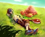  book brown_hair crossed_legs eyes_closed grass hair human lying male mammal nap nintendo noraemon10 on_back outside parasect pok&#233;mon pok&eacute;mon sleeping video_games 