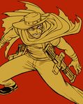  cape cowboy feriowind flat_color hat livio_the_doublefang male_focus pants red_background simple_background trigun western 