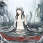  bare_shoulders black_eyes black_hair breasts chama_(painter) collarbone dripping groin hair_tubes hakurei_reimu long_hair navel nipples one_eye_closed open_clothes ribbon ripples rock small_breasts solo touhou very_long_hair water wet wet_clothes 
