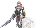  1girl armor boots breastplate elbow_gloves feathers final_fantasy final_fantasy_xiii final_fantasy_xiii-2 gloves gunblade highres lightning_farron long_hair pink_hair pteruges shield solo sword thighhighs weapon 