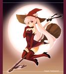  1girl animal_ears broom cat_ears cat_tail choker elbow_gloves fang gloves hat legwear long_hair mimosa moon red_eyes red_legwear ribbon solo tail twintails witch_hait witch_hat 