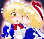  :o aura blonde_hair blush bow closed_eyes eko_(yu-shao-eko) gloves hat hat_ribbon holding_hands kana_anaberal kiss maid maid_headdress mugetsu multiple_girls one_eye_closed ribbon short_hair short_sleeves touhou touhou_(pc-98) yellow_eyes yuri 