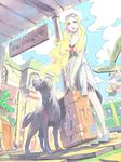  bad_id bad_pixiv_id blonde_hair blue_eyes cloud day dog earrings fence from_below highres jewelry leaf lips long_hair original plant pomodorosa potted_plant sign solo suitcase sunglasses 