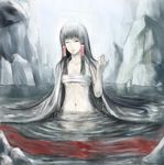  bare_shoulders black_eyes black_hair breasts chama_(painter) collarbone dripping groin hair_tubes hakurei_reimu long_hair navel one_eye_closed open_clothes ribbon ripples rock sarashi small_breasts solo touhou underboob very_long_hair water wet wet_clothes 