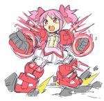  :o dress fighting_stance fusion gundam gundam_age gundam_age-1 gundam_age-1_titus kaname_madoka magical_girl mahou_shoujo_madoka_magica mecha_musume mechanical_arms mechanical_legs open_mouth parody pink_eyes pink_hair shigehiro_(hiroi_heya) short_hair short_twintails simple_background sketch solo standing twintails v-shaped_eyebrows white_background 