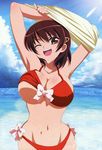  1girl ;d armpits arms_up bangs bikini bikini_lift blush body_blush bouncing_breasts bow bow_bikini breasts brown_eyes brown_hair cleavage cloud crossed_arms curvy erect_nipples fujiwara_naeka hair_between_eyes hair_ornament hairclip head_tilt kamen_no_maid_guy large_breasts light_rays looking_at_viewer lowleg lowleg_bikini megami mound_of_venus navel ocean official_art one_eye_closed ootsuka_midori open_mouth outdoors photoshop pinky_out red_bikini scan shirt shirt_lift short_hair sideboob sky smile solo standing sunbeam sunlight swimsuit unaligned_breasts underboob undressing wardrobe_malfunction water wide_hips wink 