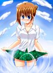  :o blush cowboy_shot green_skirt lask lyrical_nanoha mahou_shoujo_lyrical_nanoha_strikers parted_lips plaid plaid_skirt shirt skirt solo thighhighs wading water white_legwear white_shirt wide-eyed yagami_hayate zettai_ryouiki 