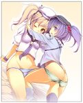  anchor ass blonde_hair blue_eyes blush border brown_eyes buriki groin hair_bobbles hair_ornament hand_on_ass hand_on_shoulder hat kawashiro_nitori kitashirakawa_chiyuri leg_between_thighs multiple_girls navel no_pants one_eye_closed panties panty_pull purple_hair sailor_collar sailor_hat socks striped striped_panties touhou touhou_(pc-98) two_side_up underwear wrist_cuffs yuri 