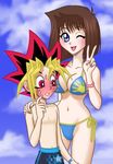  1girl bikini blush lowres mazaki_anzu mutou_yuugi nanda_akira one_eye_closed side-tie_bikini swimsuit yuu-gi-ou yuu-gi-ou_duel_monsters 