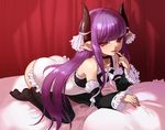  bed bent_over black_legwear demon_girl demon_horns detached_sleeves finger_to_mouth fingernails frills gallico gyakushuu_3 horns kneeling long_fingernails long_hair looking_at_viewer mumu naughty_face parted_lips pillow pointy_ears purple_hair red_eyes ribbon solo thighhighs white_ribbon 