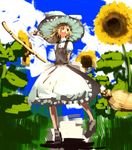  apron arms_behind_back bad_id bad_pixiv_id bamboo_broom blonde_hair broom chirigami-san flower hat kirisame_marisa sketch smile solo sunflower touhou waist_apron witch_hat 