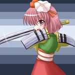  blush bococho eyebrows eyebrows_visible_through_hair flower hair_flower hair_ornament hieda_no_akyuu japanese_clothes long_sleeves lowres open_mouth pink_eyes pink_hair short_hair smile solo sword touhou weapon 