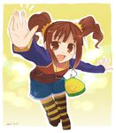  bag brown_eyes brown_hair denim denim_skirt foreshortening hands idolmaster idolmaster_(classic) idolmaster_1 noripachi open_mouth outstretched_arms raglan_sleeves short_twintails skirt solo spread_arms striped striped_legwear takatsuki_yayoi thighhighs twintails 