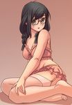  black_hair bra braid e20 feet garter_belt glasses green_eyes houzumi_kaede lingerie original panties sitting solo thighhighs underwear underwear_only yokozuwari 