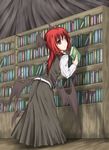  bat_wings black_skirt black_vest book bookshelf brown_eyes head_wings koakuma library long_hair long_skirt long_sleeves medium_hair red_hair shirt skirt solo touhou vest voile white_shirt wings yuuhodou 