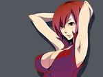  armpits arms_up breasts cleavage german_yajirobee grey_background huge_breasts meiko red_hair simple_background solo upper_body vocaloid 