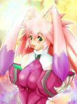  :3 animal_ears bangs blush breasts bunny_ears bunny_tail eyebrows_visible_through_hair floppy_ears green_eyes hair_between_eyes konkitto large_breasts pink_hair seraphita_(xenogears) smile solo tail tongue tongue_out v_arms xenogears 