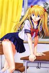  bent_over blue_eyes bow chair classroom desk hair_ornament highres indoors izurumi long_hair loose_socks neon_genesis_evangelion non-web_source orange_hair panties pantyshot school_desk school_uniform skirt smile socks solo souryuu_asuka_langley two_side_up underwear white_panties 