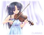  ali_(maidoari) bare_arms bare_shoulders black_hair bow_(instrument) clannad copyright_name curtains dress eyebrows_visible_through_hair hair_bobbles hair_ornament ichinose_kotomi instrument md5_mismatch music playing_instrument purple_eyes sleeveless sleeveless_dress solo spaghetti_strap two_side_up violin 