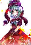  aquamarine blush cowboy_shot dress frills front_ponytail green_eyes kagiyama_hina looking_at_viewer puffy_short_sleeves puffy_sleeves red_dress shawl short_sleeves solo tareme touhou wrist_cuffs 