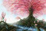  cherry_blossoms hakurei_reimu hitodama kirisame_marisa konpaku_youmu konpaku_youmu_(ghost) mashiton multiple_girls nature petals river saigyou_ayakashi saigyouji_yuyuko scenery sitting touhou tree water when_you_see_it yukkuri_shiteitte_ne 