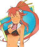  bikini_top breasts closed_eyes hair_ornament high_ponytail long_hair medium_breasts navel scarf simple_background skull_hair_ornament smile solo tanmomo_(rcw) tengen_toppa_gurren_lagann upper_body very_long_hair white_background yoko_littner 