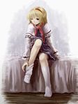  alice_margatroid arm_support bangs bed blonde_hair blue_dress blush capelet dress feet hyuuga_azuri indoors kneehighs necktie no_shoes on_bed one_eye_closed short_hair sitting sock_pull socks solo straight_hair touhou upskirt white_capelet 