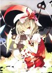  bandages blonde_hair bonnet flandre_scarlet hat highres kneeling looking_at_viewer red_eyes scan shunsei_(muratou) solo stuffed_animal stuffed_toy teddy_bear touhou wings 