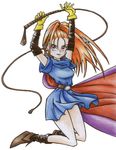  barbara cape dragon_quest dragon_quest_vi dress elbow_gloves forehead gloves high_ponytail kneeling long_hair md5_mismatch ponytail purple_eyes red_hair solo whip 