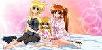  absurdres barefoot bed blonde_hair blush brown_hair fate_testarossa heterochromia highres long_hair lyrical_nanoha mahou_shoujo_lyrical_nanoha_strikers multiple_girls okuda_yasuhiro pajamas purple_eyes red_eyes side_ponytail sitting takamachi_nanoha vivio 