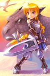  blue_eyes braid brown_hair dragon noise_(tsuzuki) original solo sword thighhighs weapon 