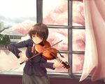  bad_id bad_pixiv_id bangs blazer blunt_bangs bow bowtie braid brown_hair buttons cherry_blossoms cloud cloudy_sky curtains day eyebrows eyebrows_visible_through_hair grey_skirt instrument jacket long_hair long_sleeves music original playing_instrument pocket school school_uniform shirt single_braid skirt sky solo striped striped_bow striped_neckwear tree violin violin_bow white_shirt window yuki_usagi_(mofurafu) 