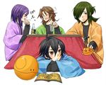  allelujah_haptism androgynous artist_request blush drink gundam gundam_00 haro japanese_clothes kotatsu lockon_stratos male_focus multiple_boys otoko_no_ko purple_hair red_eyes setsuna_f_seiei shirt_lift source_request table tieria_erde 