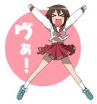  &gt;_&lt; \o/ arms_up azumanga_daiou brown_hair closed_eyes emu_(toran) fang kusakabe_misao lucky_star outstretched_arms parody pink_neckwear ryouou_school_uniform school_uniform serafuku solo va 