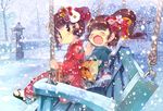  bench blush brown_eyes brown_hair day hair_ornament hanpen happy japanese_clothes kimono laughing multiple_girls original outdoors patio_swing sitting smile snow snowing stone_lantern swing winter 