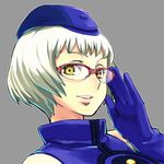  adjusting_eyewear bare_shoulders chan_co elizabeth_(persona) glasses persona persona_3 red-framed_eyewear short_hair solo upper_body yellow_eyes 