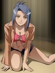  arm_support bandeau bikini_top blue_hair breasts cleavage collar crop_top haruyama_kazunori kneeling large_breasts leaning_forward midriff mismatched_sleeves open_clothes open_fly open_shirt ponytail shirt short_hair short_shorts shorts smile solo strapless tina_lawter tubetop unzipped wellber_no_monogatari yellow_eyes 