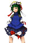  blue_dress buttons closed_mouth dress frills from_below green_eyes green_hair hat laboto long_sleeves looking_to_the_side mob_cap shiki_eiki short_hair simple_background smile solo touhou white_background 