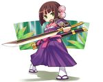  bangs blunt_bangs brown_hair bushidou_(sekaiju) chan_co chibi full_body geta green_eyes japanese_clothes kimono legs_apart long_sleeves looking_at_viewer outstretched_arm sekaiju_no_meikyuu sheath short_hair socks solo standing sword tabi unsheathed weapon white_legwear 