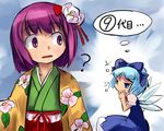  2girls blue_hair bow cirno duplicate floral_print flower hair_flower hair_ornament hair_ribbon hakama haori hieda_no_akyuu hirosato japanese_clothes kimono multiple_girls purple_eyes purple_hair ribbon short_hair touhou 