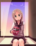  blonde_hair copyright_request food hirary mouth_hold pocky school_uniform serafuku sitting solo 