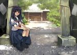  black_hair brown_eyes hands_on_own_knees long_hair matsumoto_noriyuki original school_uniform shrine sitting skirt solo 