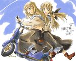  :d black_skirt blonde_hair boots brown_footwear from_side full_body futakoi futakoi_alternative green_eyes ground_vehicle long_skirt long_sleeves motor_vehicle multiple_girls multiple_riders open_mouth riding scooter shirogane_sara shirogane_souju shirt siblings sidesaddle skirt smile twins umanosuke white_shirt 