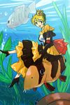  :d animal black_gloves blonde_hair blue_eyes blush elbow_gloves fish full_body gloves high_heels looking_at_viewer michael open_clothes open_mouth original plant seaweed short_hair smile solo submerged underwater water 
