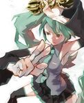  armpits bad_id bad_pixiv_id face fighting_stance foreshortening green_hair hands hatsune_miku highres long_hair solo squatting thighhighs tomioka_jirou twintails vajra_(object) vocaloid 